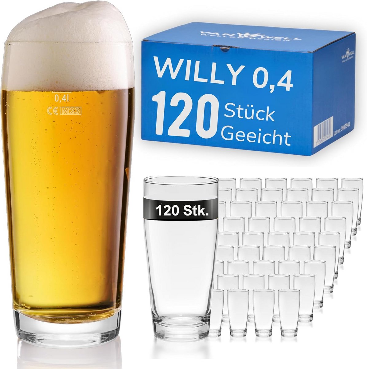 Set van 120 Bierglazen Willibeker 0,4L Gekalibreerd - Stevig en Vaatwasmachinebestendig