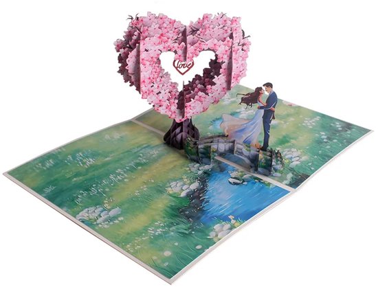 3D Pop‑Up Wenskaart – Hartvormige Kersenbloesem – Luxe Kaart voor Valentijn, Bruiloft & Verjaardag