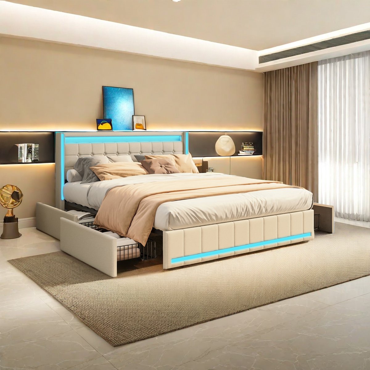 Modern LED-gestoffeerd bed, opbergbedframe met 4 lades en USB-oplaadpoorten, 160 x 200 cm, linnen stof, voor tieners, kinderen en volwassenen, Beige, zonder matras (verzonden in 2 pakketten)
