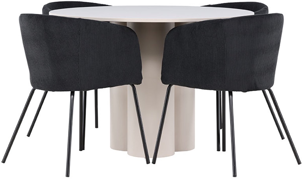 Olivia eethoek tafel Ø110cm en 4 fluwelen stoelen met armleuningen beige.