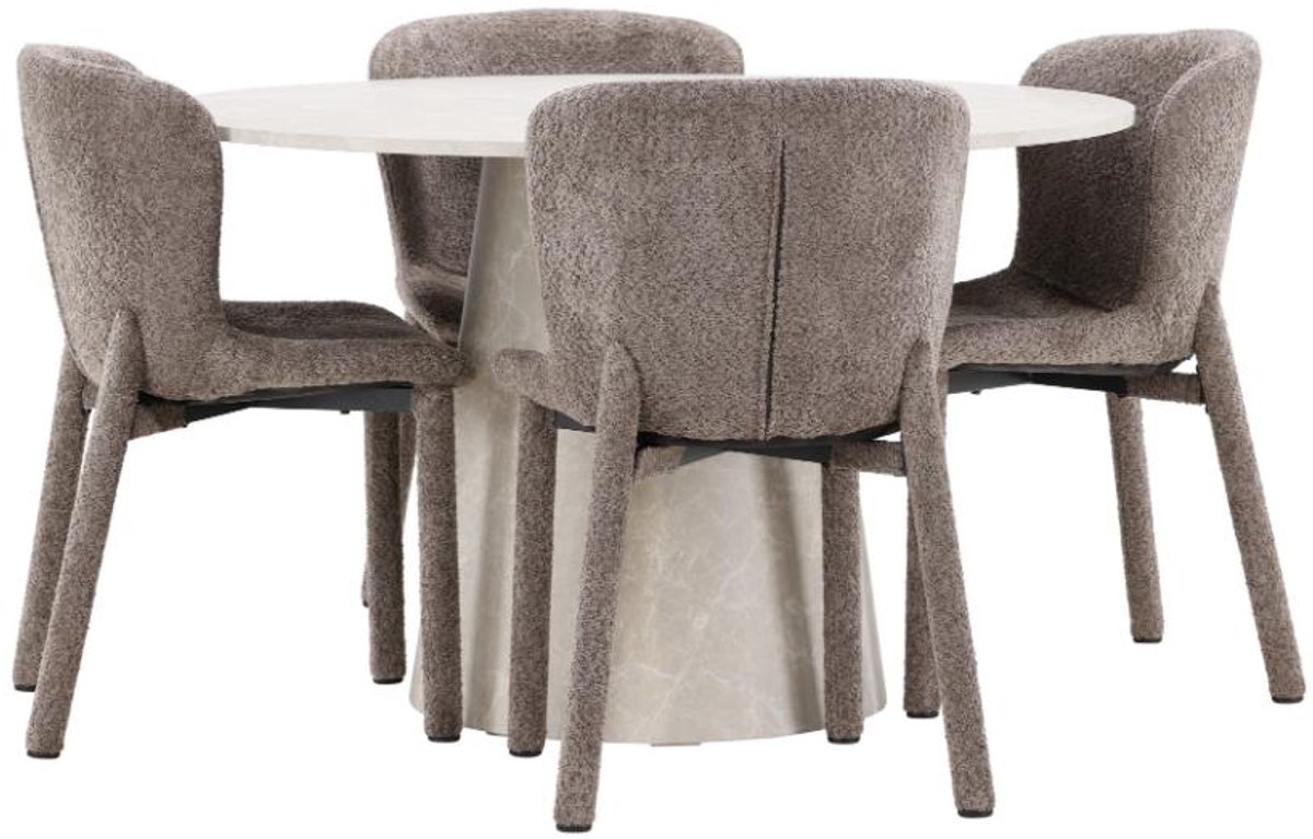 Lanzo eethoek tafel Ø120cm en 4 stoelen beige, bruin.