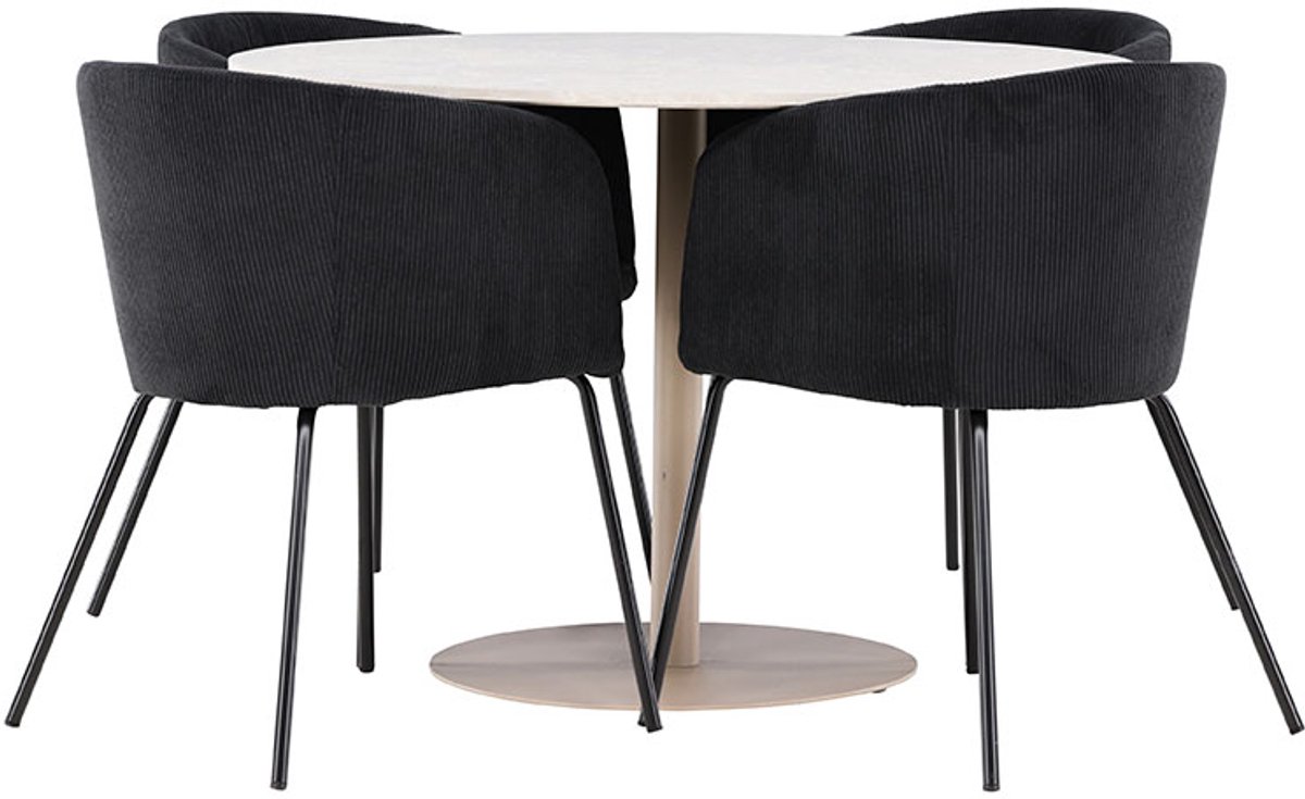Lycke eethoek tafel Ø110cm en 4 fluwelen stoelen met armleuningen beige.