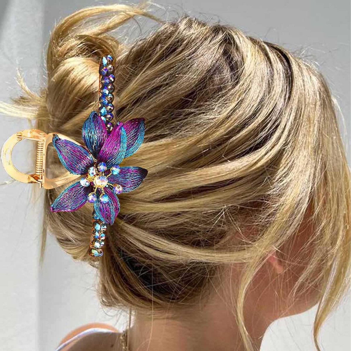 Blauwe Bloemen Haarspeld met Steentjes - Handgemaakte Koperdraad Klem voor Dik Haar
