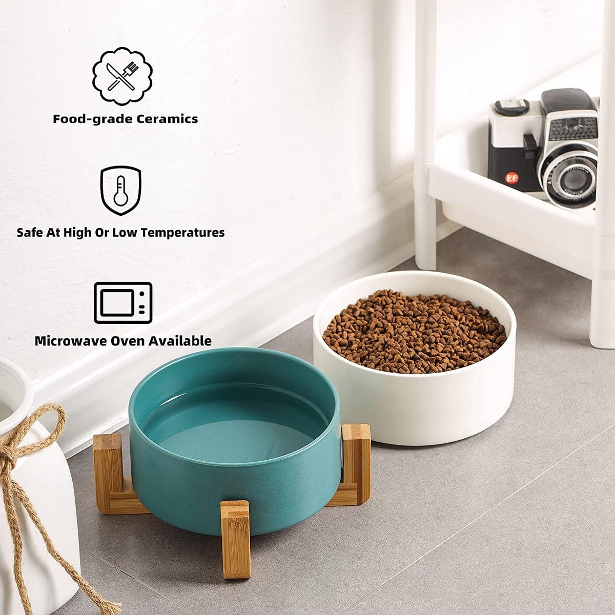 Verhoogde Keramische Voerbakken voor Katten en Kleine Honden met Houten Standaard - Anti-Morsen