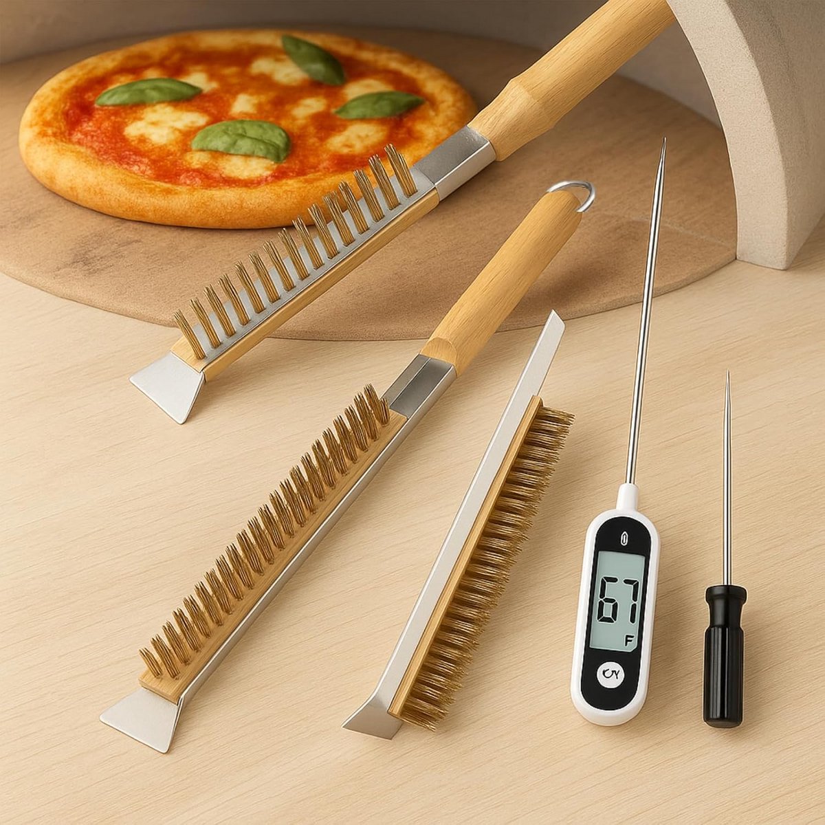 Pizzaoven Borstel 53cm met Schraper en RVS Borstelharen - Inclusief Reserveborstelkop