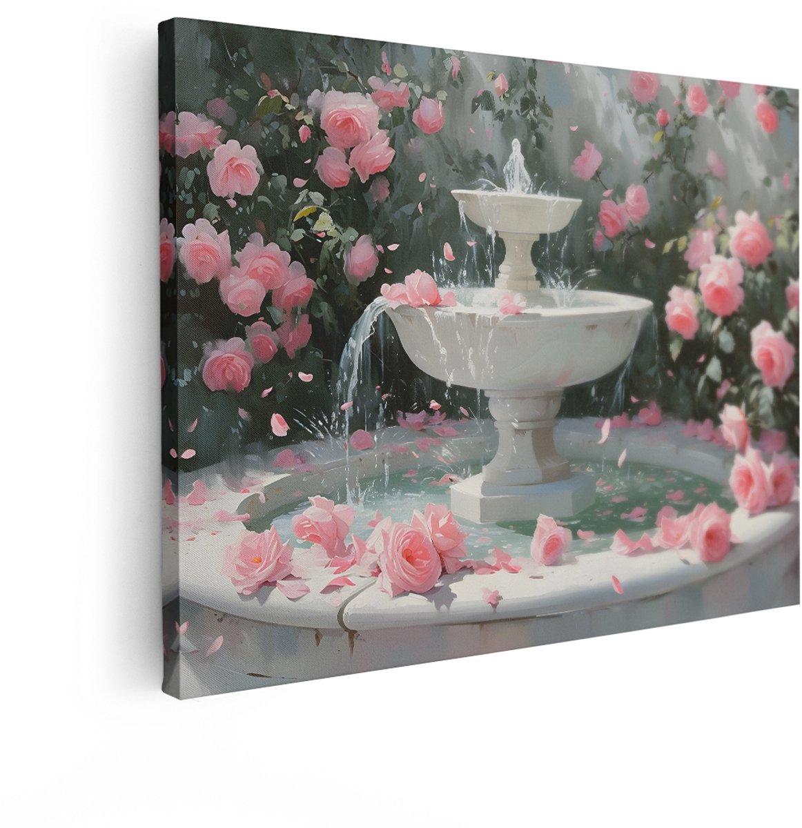 Artaza Canvas Schilderij Fontein - 80x60 cm - Wanddecoratie Roze Rozen - Muurdecoratie Rom