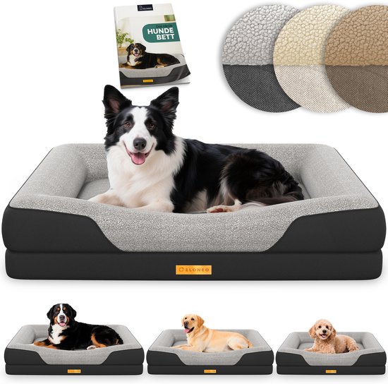 Een orthopedisch hondenbed in het zwart met een border collie. Drie andere honden liggen in kleinere bedden op de voorgrond. Verpakking en kleurstalen zijn zichtbaar.