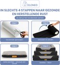 Montage van het hondenbed in 4 stappen: vacuümzak opensnijden, uitvouwen, korte wachttijd, en geniet van het orthopedische slaapcomfort.