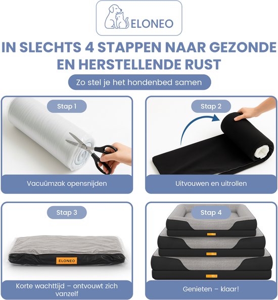 Montage van het hondenbed in 4 stappen: vacuümzak opensnijden, uitvouwen, korte wachttijd, en geniet van het orthopedische slaapcomfort.