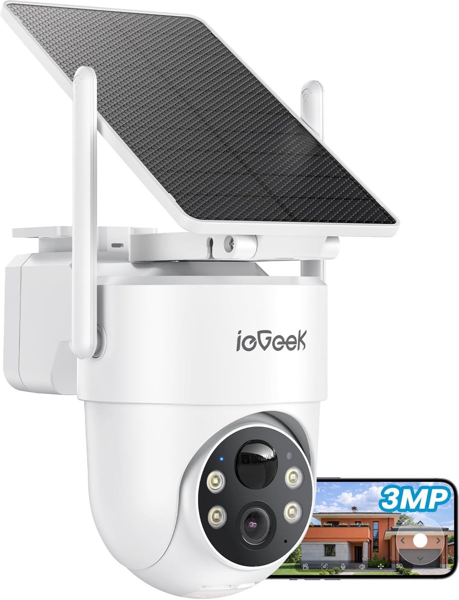 ieGeek Solar PTZ Beveiligingscamera voor Buiten - 2K Draadloze Wi-Fi Outdoor Camera met Zonnepaneel - Pan/Tilt 360° - PIR Bewegingsdetectie - Kleur Nachtzicht - Waterdicht