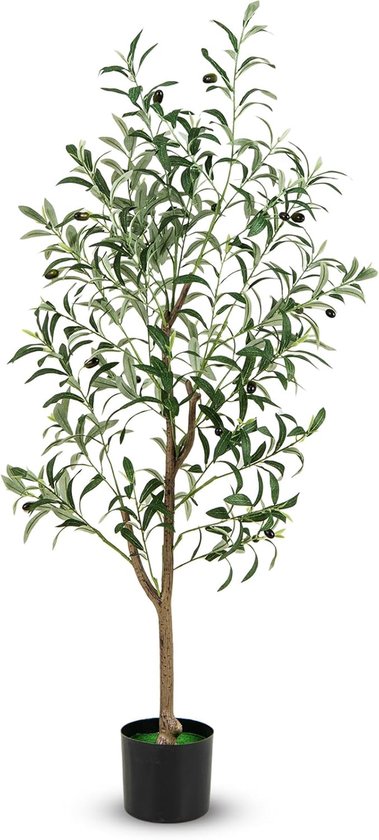KOMFOTTEU 130 cm Oliviers artificiels, plante artificielle avec feuilles et fruits réalistes, tige PE robuste et base stable, plante décorative pour l'intérieur et l'extérieur