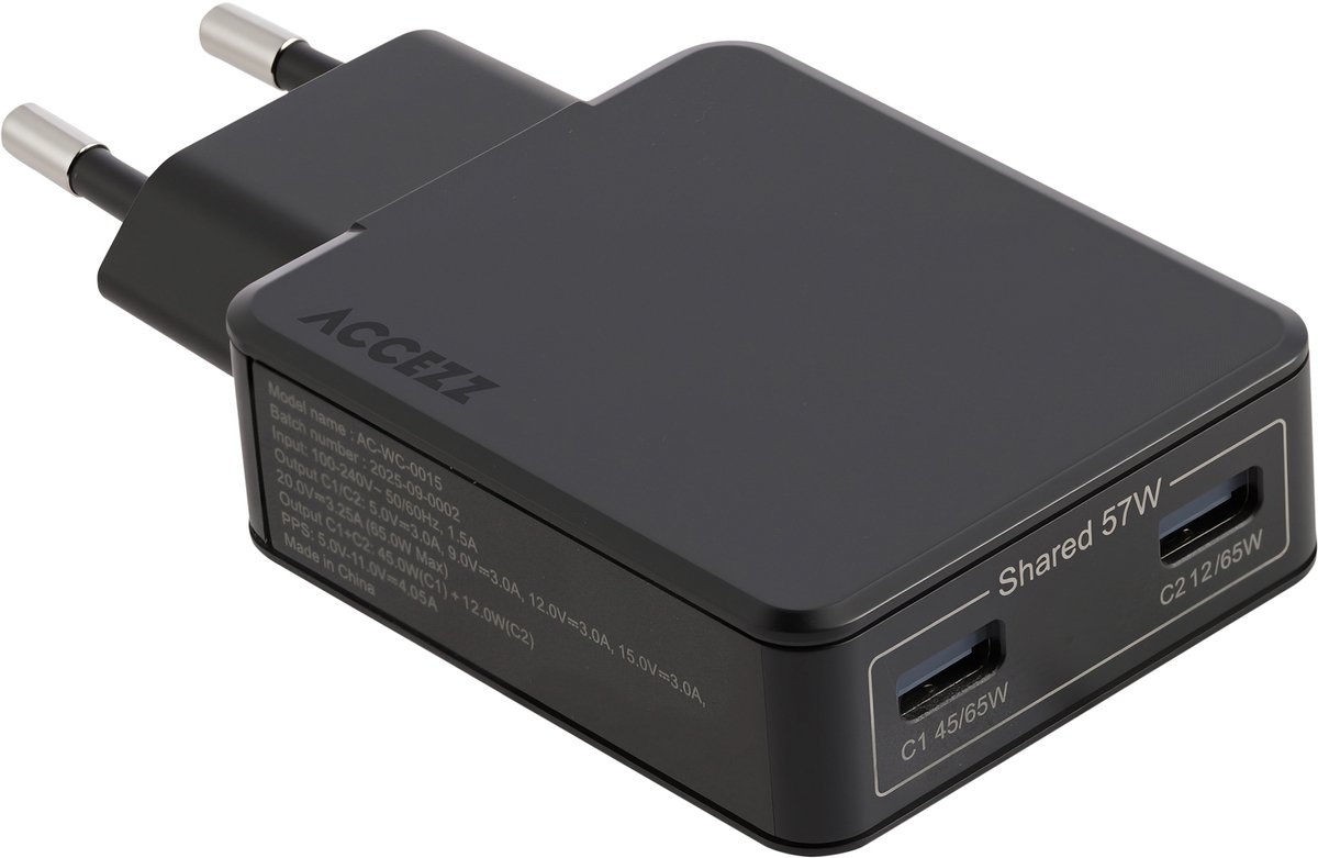 Accezz Ultra Slim GaN Oplader - 2x USB-C - 65W - Zwart