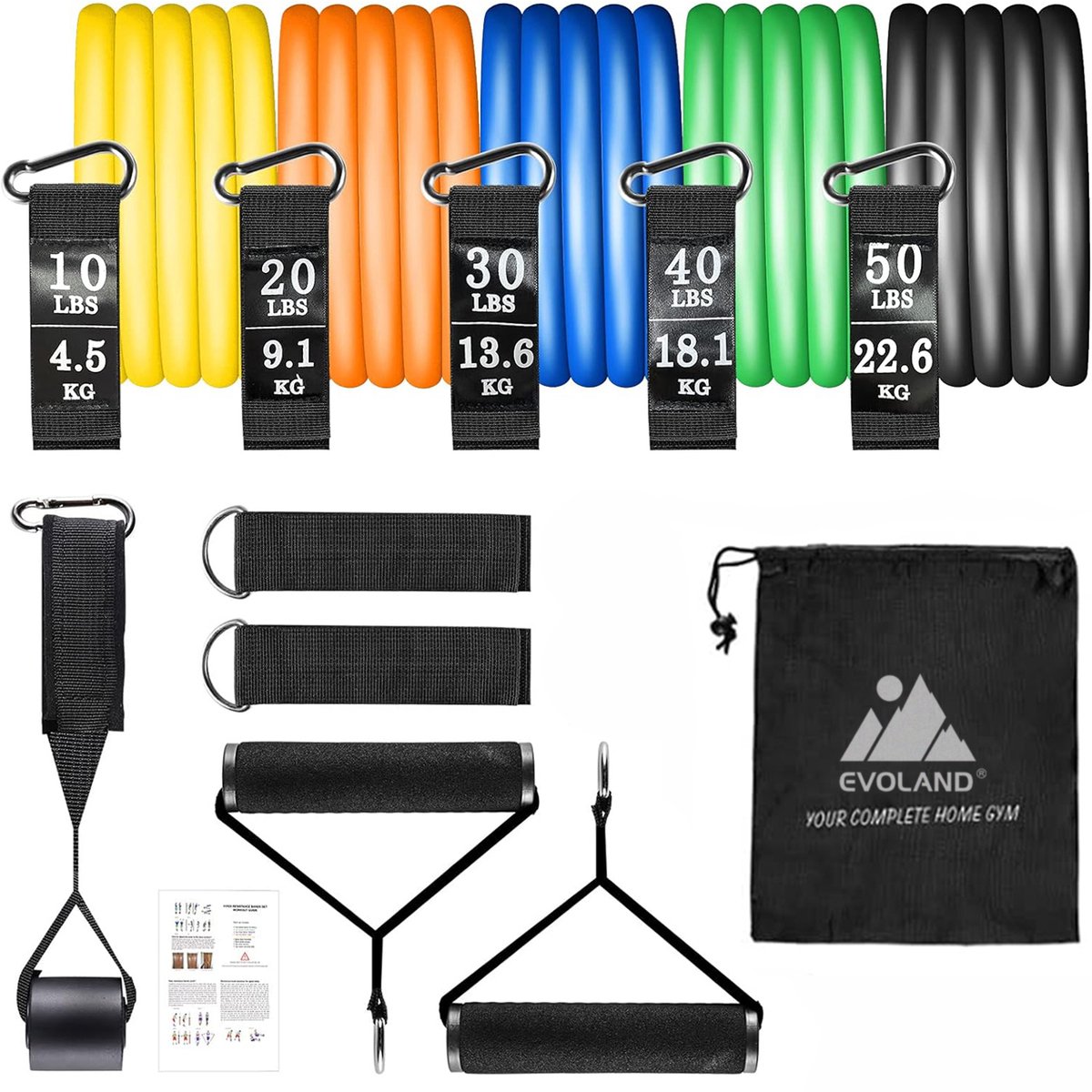 Evoland Weerstandsbanden set met handvaten - Weerstandsbanden fitness 11 delig - Resistance Band - Fitness Elastiek - Weerstandsbanden - Fitness - 5 Kleuren