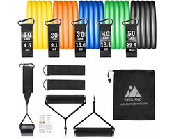 Evoland Weerstandsbanden set met handvaten - Weerstandsbanden fitness 11 delig - Resistance Band - Fitness Elastiek - Weerstandsbanden - Fitness - 5 Kleuren