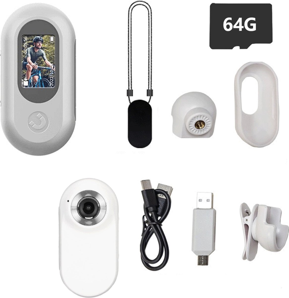 Action camera's - Bodycam - Recorder - Mini-actiecamera - Gebruikte camera - Duimcamera - 1080p PSP-camera - 360° draaibaar - Magnetische camera - USB-oplaadbaar - Inclusief Accessoires en 64 GB Micro SD - Wit