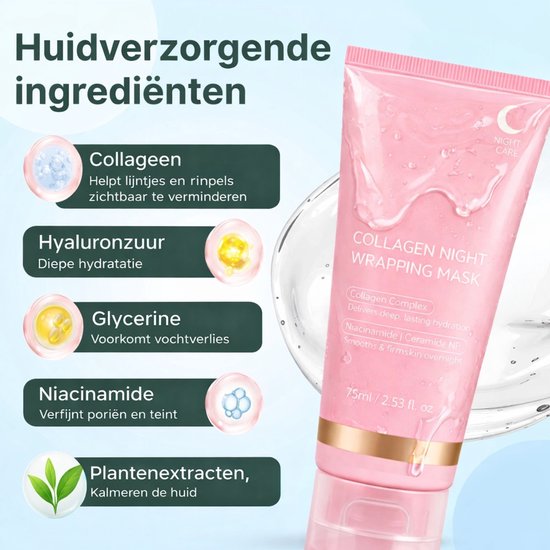 Roze tube "Collagen Night Wrapping Mask" met ingrediënten zoals collageen, hyaluronzuur, glycerine en niacinamide.