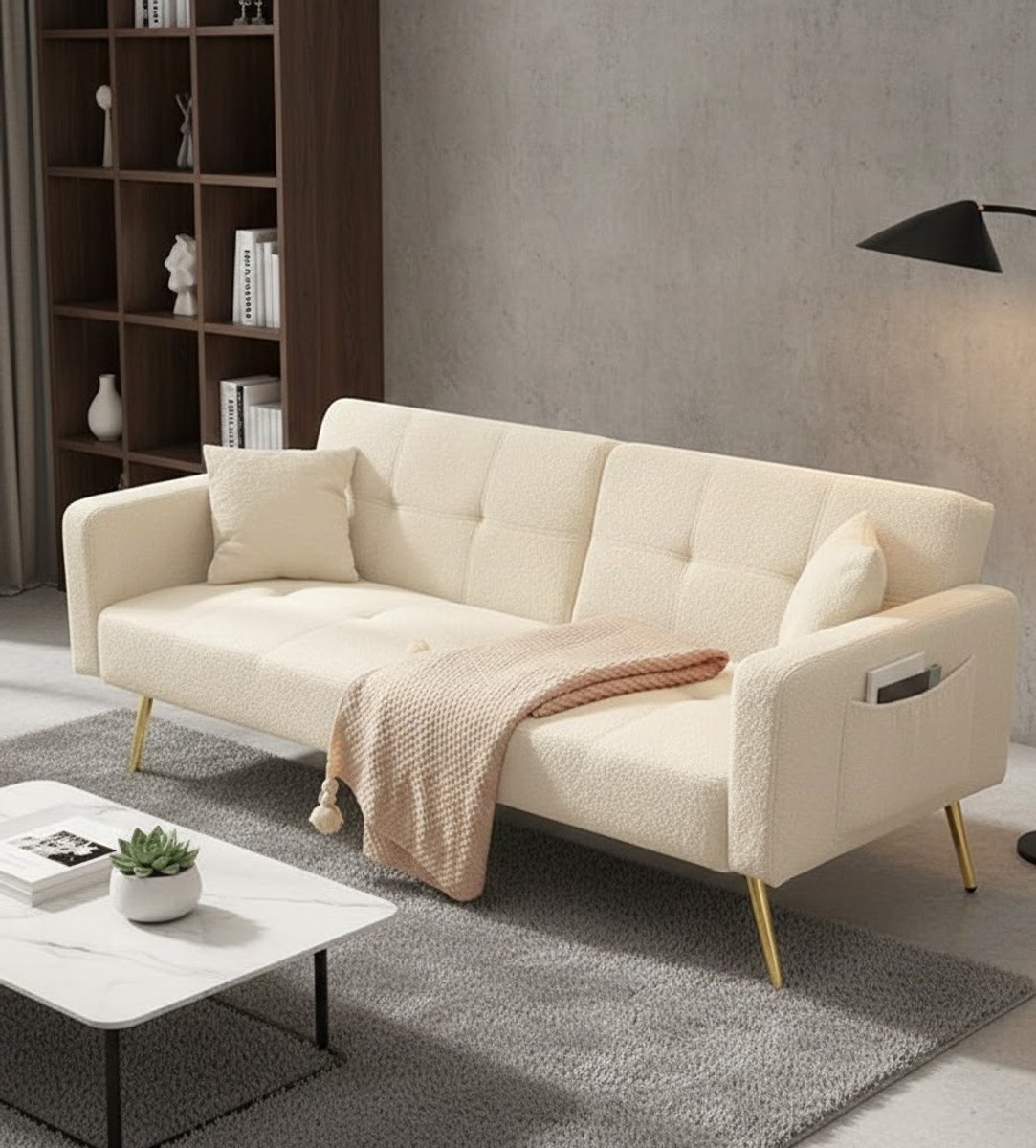 Luxor Slaapbank met Bedfunctie – Verstelbare Hoek, Luxe Gouden Poten, Zacht Lamswol, Inclusief Kussen en Zijopbergvakken – Modern Design, Beige House&Garden