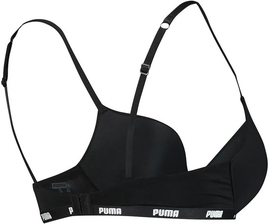 Achterkant van zwarte PUMA push-up beha met wit PUMA-logo op de band.
