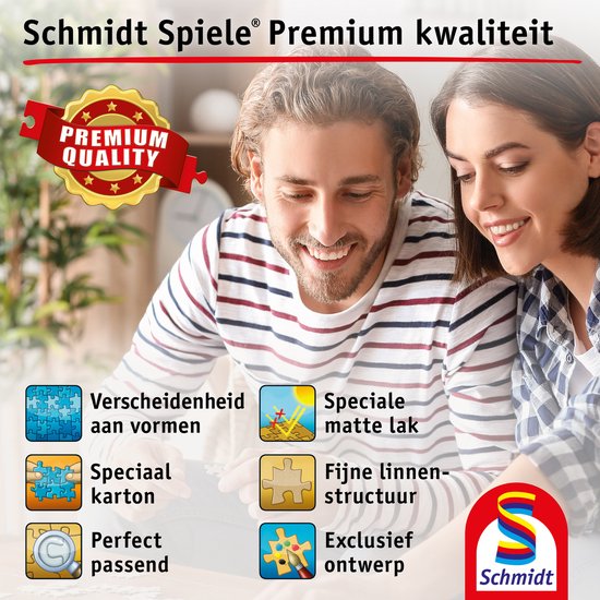 Homme et femme avec un puzzle "Schmidt Spel", "Qualité supérieure". Formes variées, vernis mat, structure lin, conception ajustée.