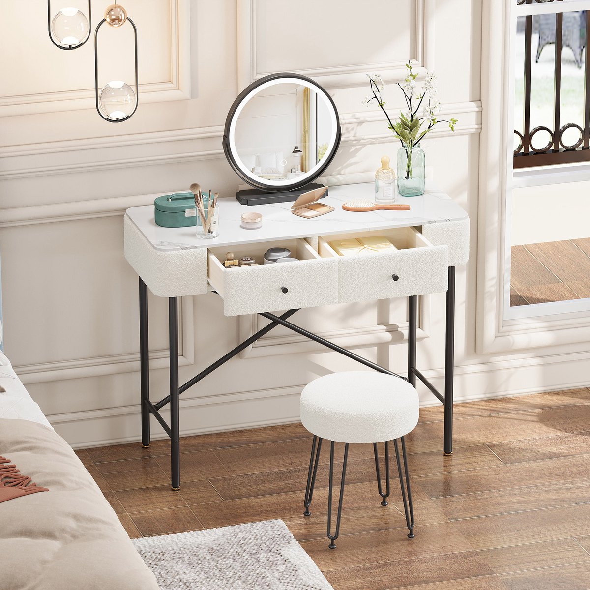 Luxe Make-up Tafel met Marmeren Blad - Kaptafel inclusief Krukje & LED Spiegel - 3 Lichtstanden - Modern Kosmetisch Bureau met Fleece Afwerking - Zwart/Wit