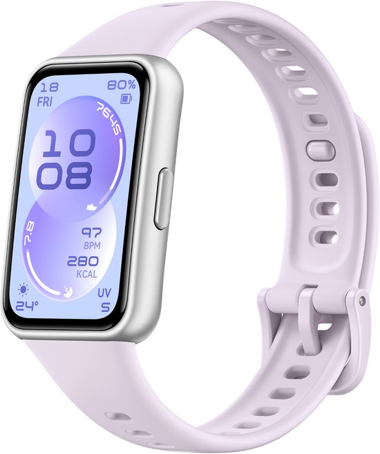 Paarse Huawei activity tracker met zilveren kast en een scherm dat "10 08" toont.