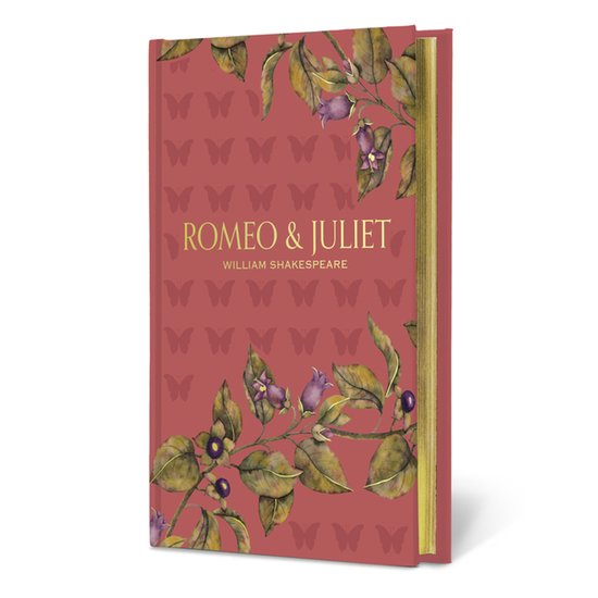 Romeo & Julia, William Shakespeare, felroze kaft met vlinders en bloesemtakken.
