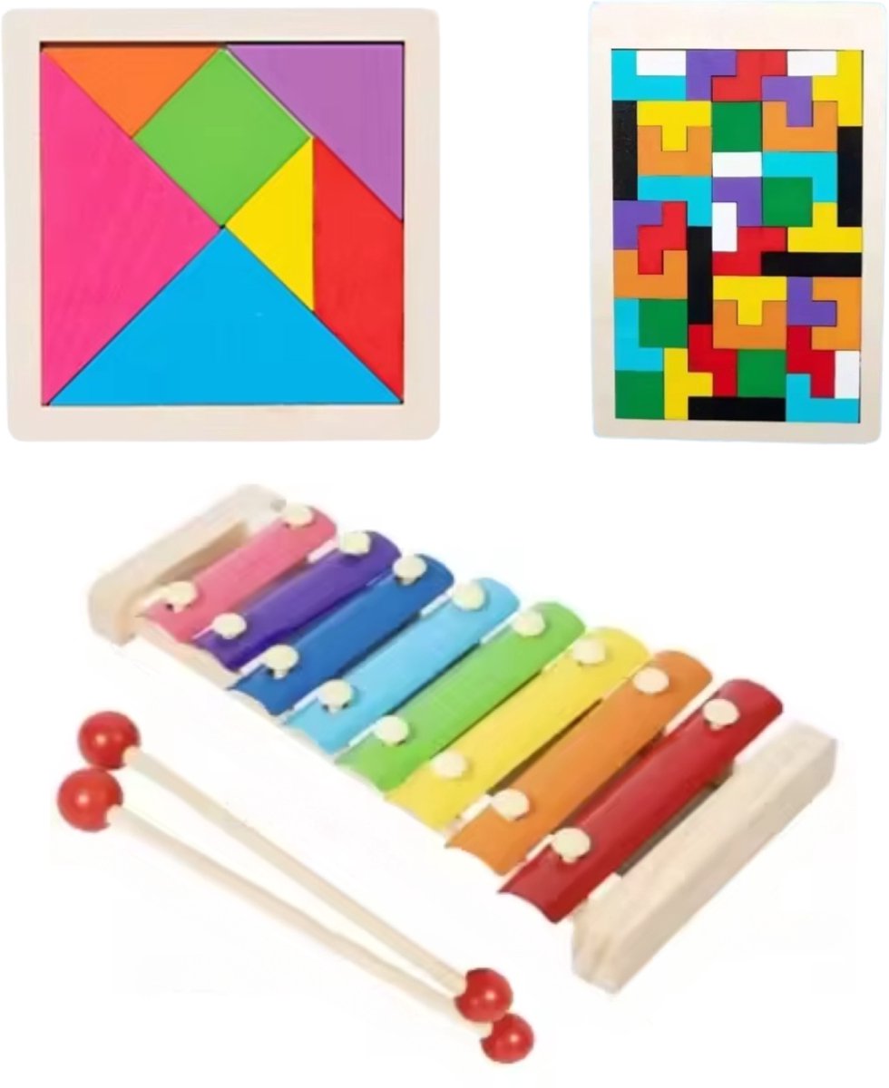 DMG Supply Houten Spelset - Blokpuzzel - Tangram - Xylofoon - 3 Spellen - Houten Speelgoed - Vanaf 3 Jaar