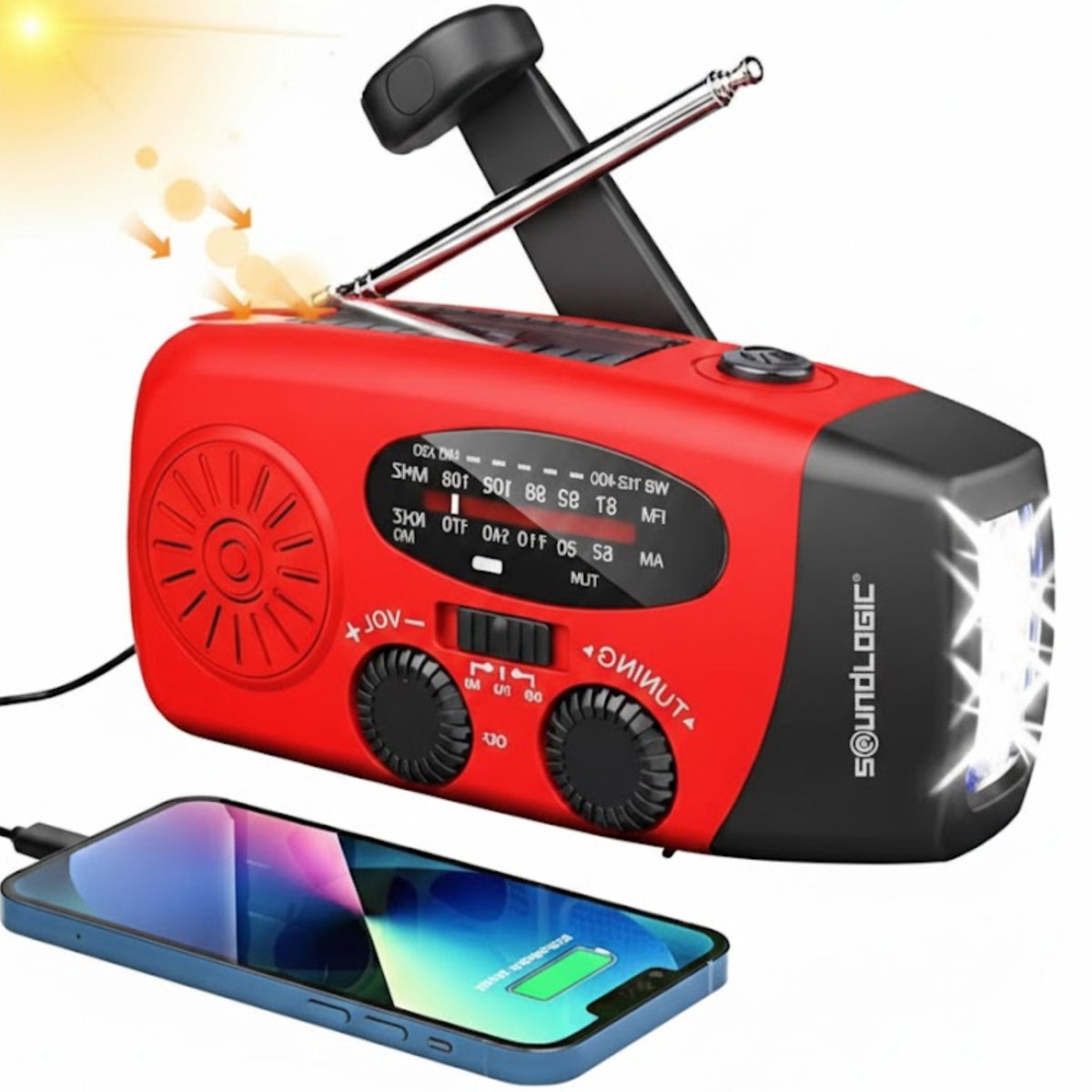 Noodradio Solar Opwindbaar met Powerbank en Zaklamp - Noodpakket voor Thuis - SOS Noodsignaal - Draagbare Radio op Zonneenergie - Zaklamp LED Oplaadbaar - USB-C en USB-A Kabel - Rood - Soundlogic