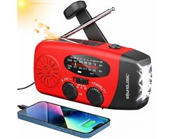 Noodradio Solar Opwindbaar met Powerbank en Zaklamp - Noodpakket voor Thuis - SOS Noodsignaal - Draagbare Radio op Zonneenergie - Zaklamp LED Oplaadbaar - USB-C en USB-A Kabel - Rood - Soundlogic
