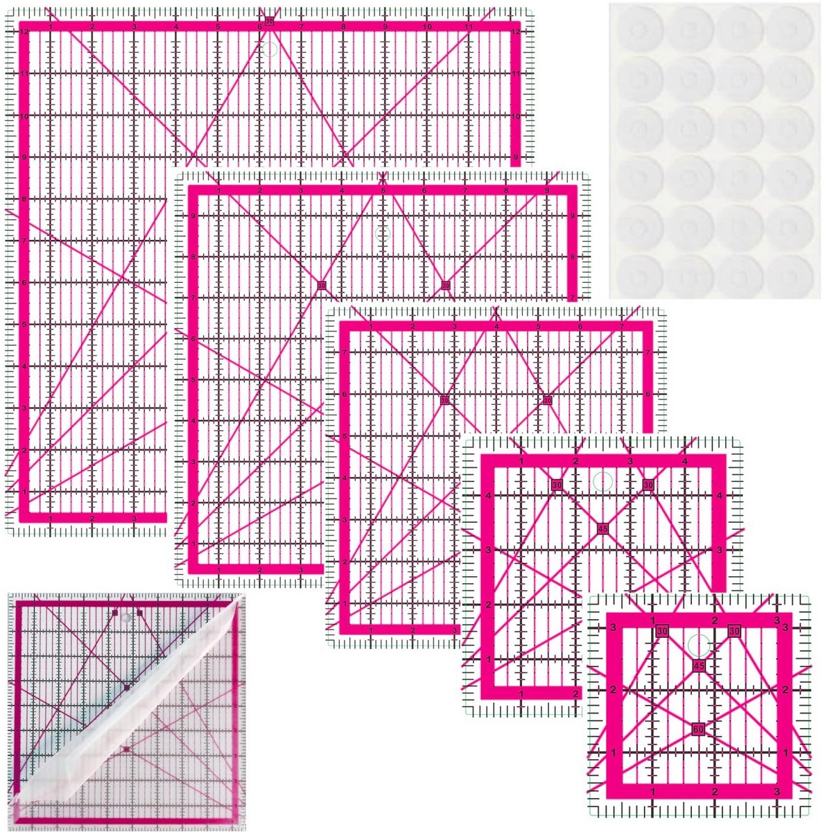 Set van 5 Vierkante Quiltlinialen voor Patroontekenen en Snijden, Antislip