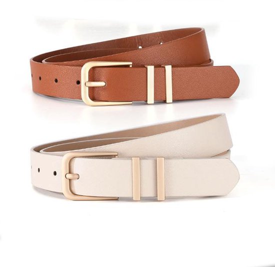 Riem - 2 Stuks - Elegante eenvoudige riem - Stijlvol retro - Leer - Verstelbaar Unisex Ceintuur - Damesriemen voor jeans jurken broeken dames lederen tailleriem met gouden gesp - 110 CM - Zwart en Donkerbruin
