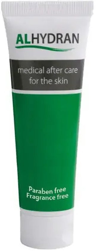 ALHYDRAN tube met groene en witte opdruk. Medische nazorg voor de huid. Parabenenvrij, geurvrij.