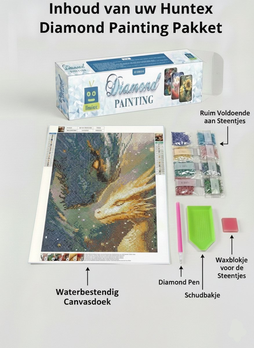 Huntex Diamond Painting Volwassenen - Diamond Painting Kinderen - Diamond Painting Pakket Volledig - Zwarte en Gouden Draak - 30x40 cm — afbeelding 4