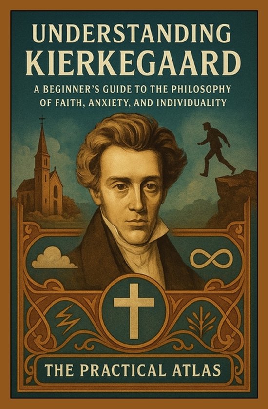 Boekomslag met portret van Søren Kierkegaard, tekst 'UNDERSTANDING KIERKEGAARD' en religieuze en filosofische symbolen.