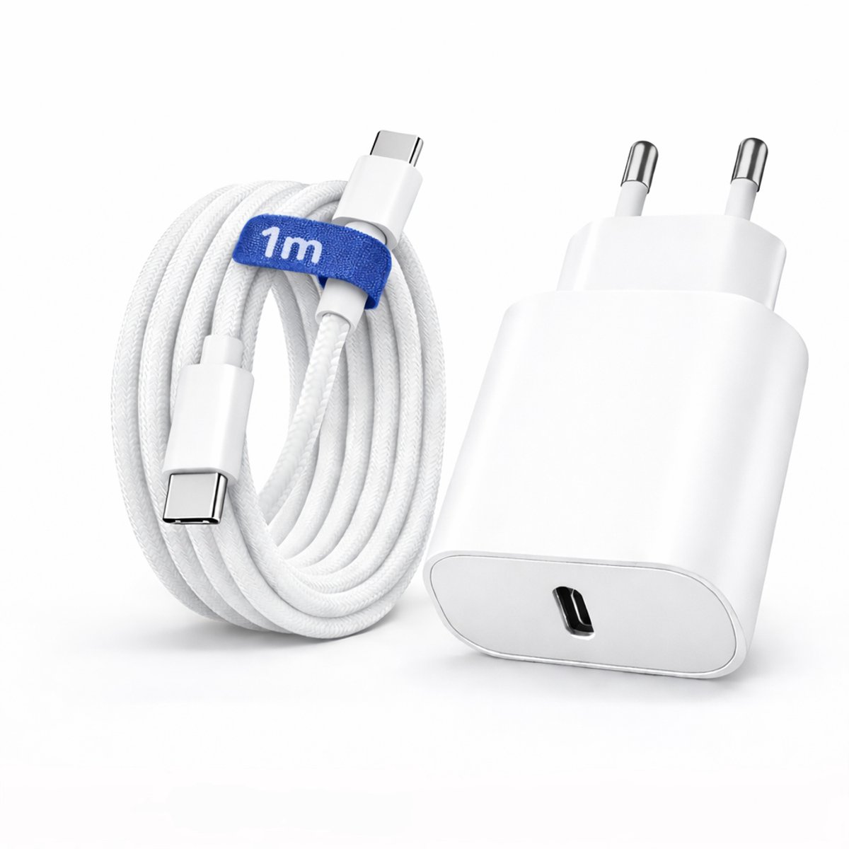 Adapie USB-C Oplader 20W Snellader + 1M USB-C naar USB-C Kabel – USB-C Adapter - Oplader set - Wit