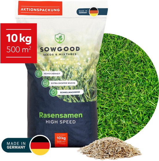 Sowgood Snelkiemend graszaad - Gazon herstellen en doorzaaien - 10 kg voor 500 m² - Verticuteer mix - Duitse topkwaliteit