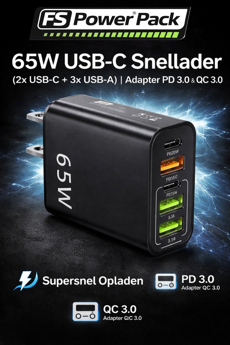 65W USB-C Snellader – 5 Poorten (2x USB-C + 3x USB-A) | PD 3.0 & QC 3.0 |FS Power Pack Adapter Universele Multiport Oplader voor iPhone, Samsung, iPad, Laptop & Meer-Zwart