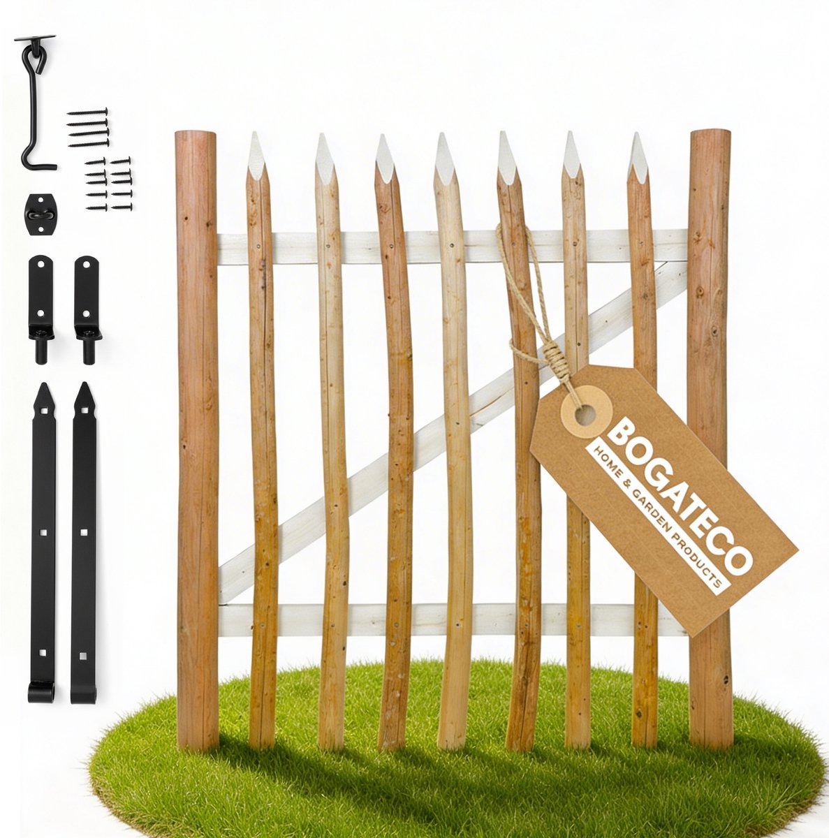 BOGATECO Tuinpoort Hazelaarhout – Houten Poortje voor Schapenhek – Hazelaarhekwerk Poort – Tuindeur van Natuurlijk Hout – Rechtsdraaiend – 100 x 120 cm (BxH)