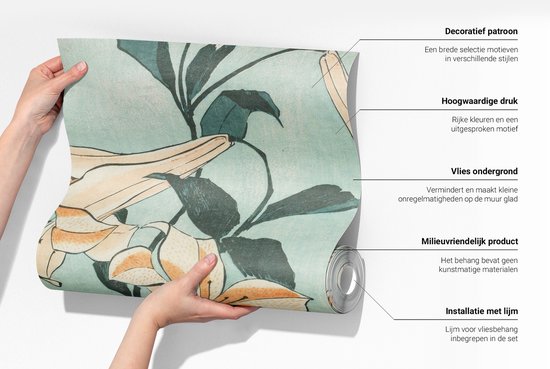 Wallfluent Behang - Lente vogels Vliesbehang - 152x104 cm - Blauw Behang - Voor natuurliefhebbers - Behang Voor de slaapkamer, woonkamer en kantoor - Wanddecoratie Bloemen en planten
