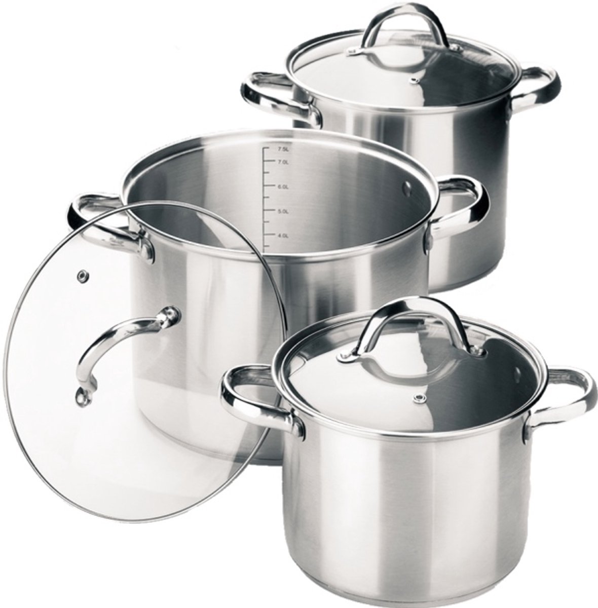 Maestro MR-3511-6L Pannenset - 6-delig - Hoogwaardig Roestvrij Staal (RVS) - Inclusief Glasdeksels - Met Maatverdeling - 3.5L, 4.5L & 8.0L - Inductie & Alle Warmtebronnen - Zilver