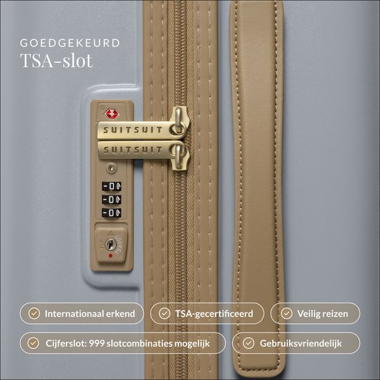 Close-up van het gouden TSA cijferslot en de ritssluiting van een grijze SUITSUIT koffer.