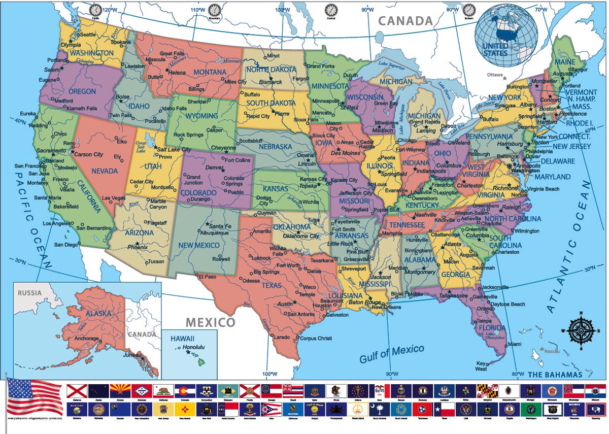 Amerika kaart poster - Steden - Staten - Vlaggen - educatief - 50 x 70 cm