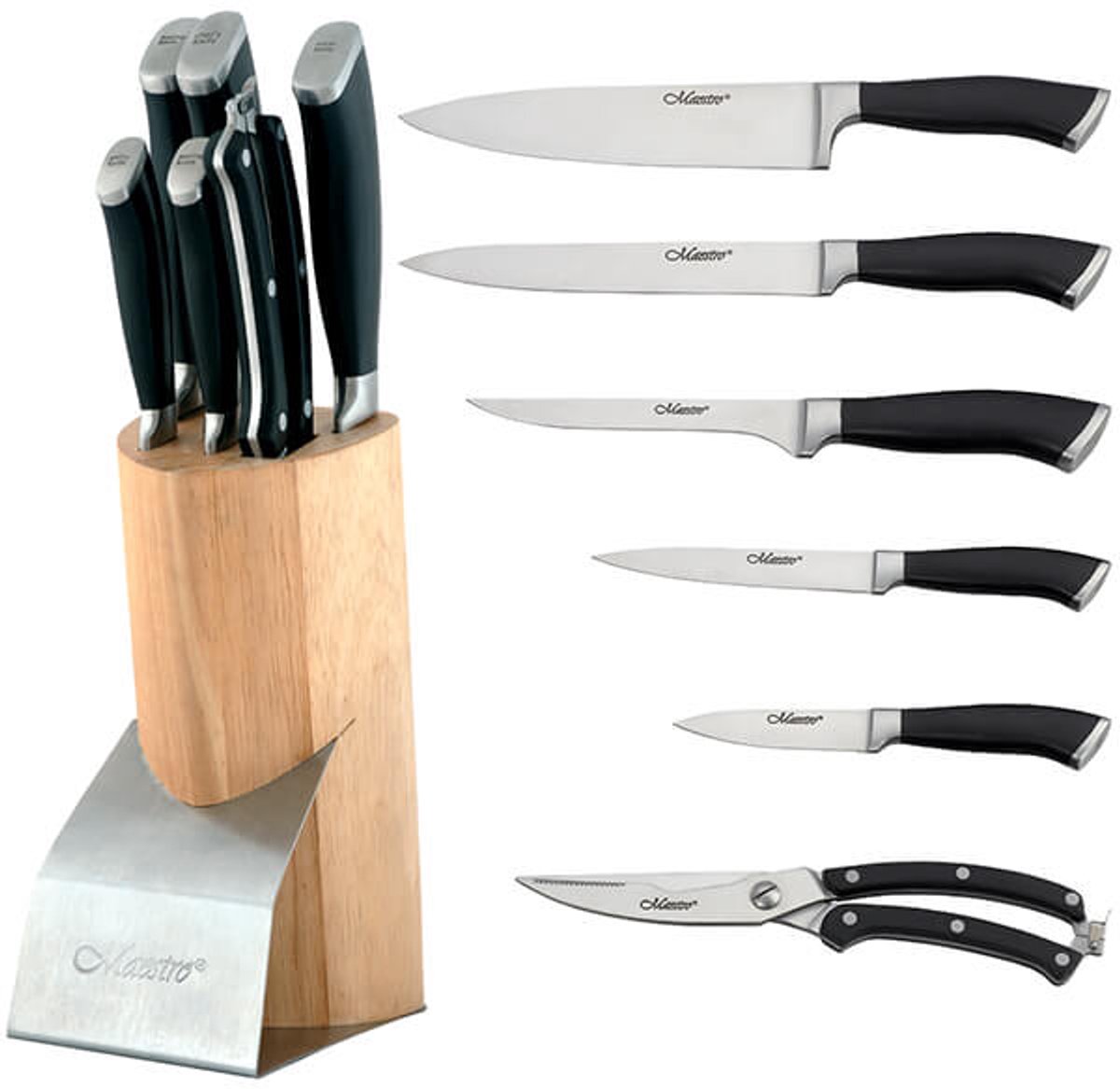 Maestro MR-1421 Messenset met Blok - 7-delig - Hoogwaardig Roestvrij Staal (RVS) - Inclusief Koksmes & Gevogelteschaar - Ergonomisch Design - Zilver/Zwart