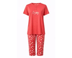 Dames Pyjama - Katoen - Zomer - 3/4 broek - Koraalrood Madelief - Maat L