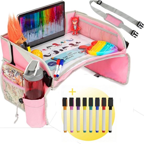 Panilli Reistafel voor Kinderen met Tekentafel & Tablethouder & 8 Stiften - Reistafel voor Kinderen – Autotafel – Speeltafel Auto – Auto Stoel organizer Kinderen - auto organizer - pink