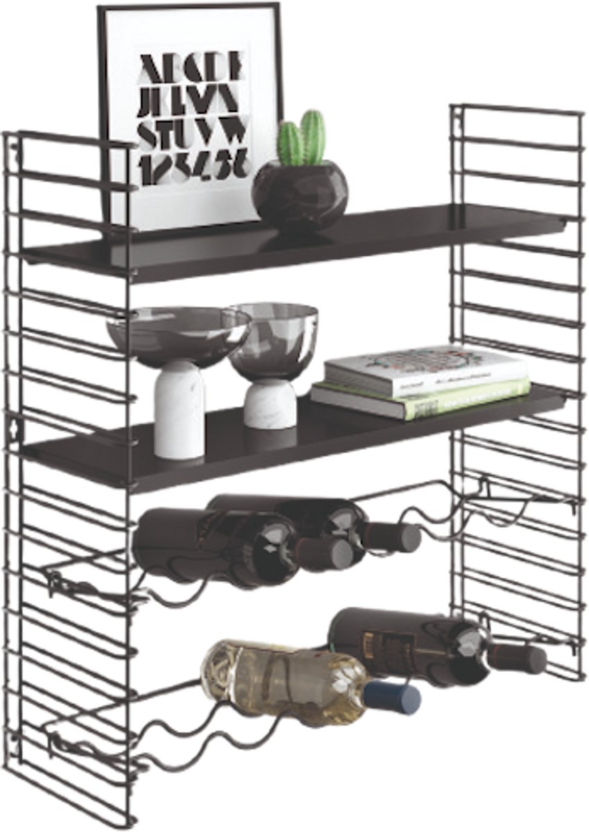 Tomado - Wandrek met Wijnrek - Zwart - Boekenrek - 70x21x68cm - Incl. 2 wijnrekken voor 12 flessen - Uitbreidbaar
