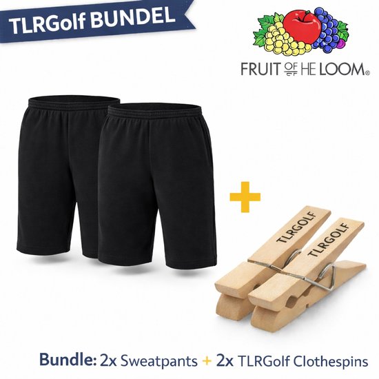 2 Pack Fruit of the Loom Korte Joggingbroek Heren met Rechte Pijp - Trainingsbroek Heren - Zwart (Maat XXL) Inclusief 2 TLRGolf Wasknijpers