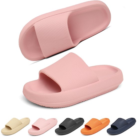 Slides roses en EVA avec semelle épaisse, disponibles en plusieurs couleurs : beige, rose, noir, orange, marine.