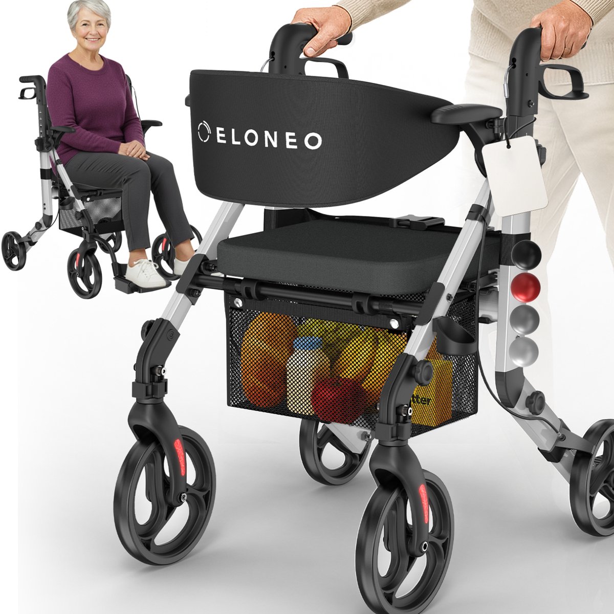 ELONEO 2-in-1 rolstoel en rollator – opvouwbaar, lichtgewicht met zitje, outdoor rollator voor alle terreinen, aluminium loophulp voor senioren met netzak, transportrolstoel, zilver
