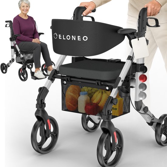Zilveren rollator met boodschappentas, getoond in gebruik door een oudere vrouw en een persoon die hem voortduwt.